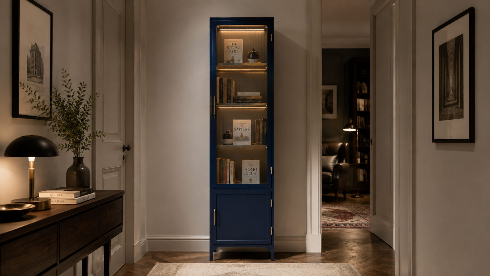 Liviel metal cabinet used for books in a refined hallway