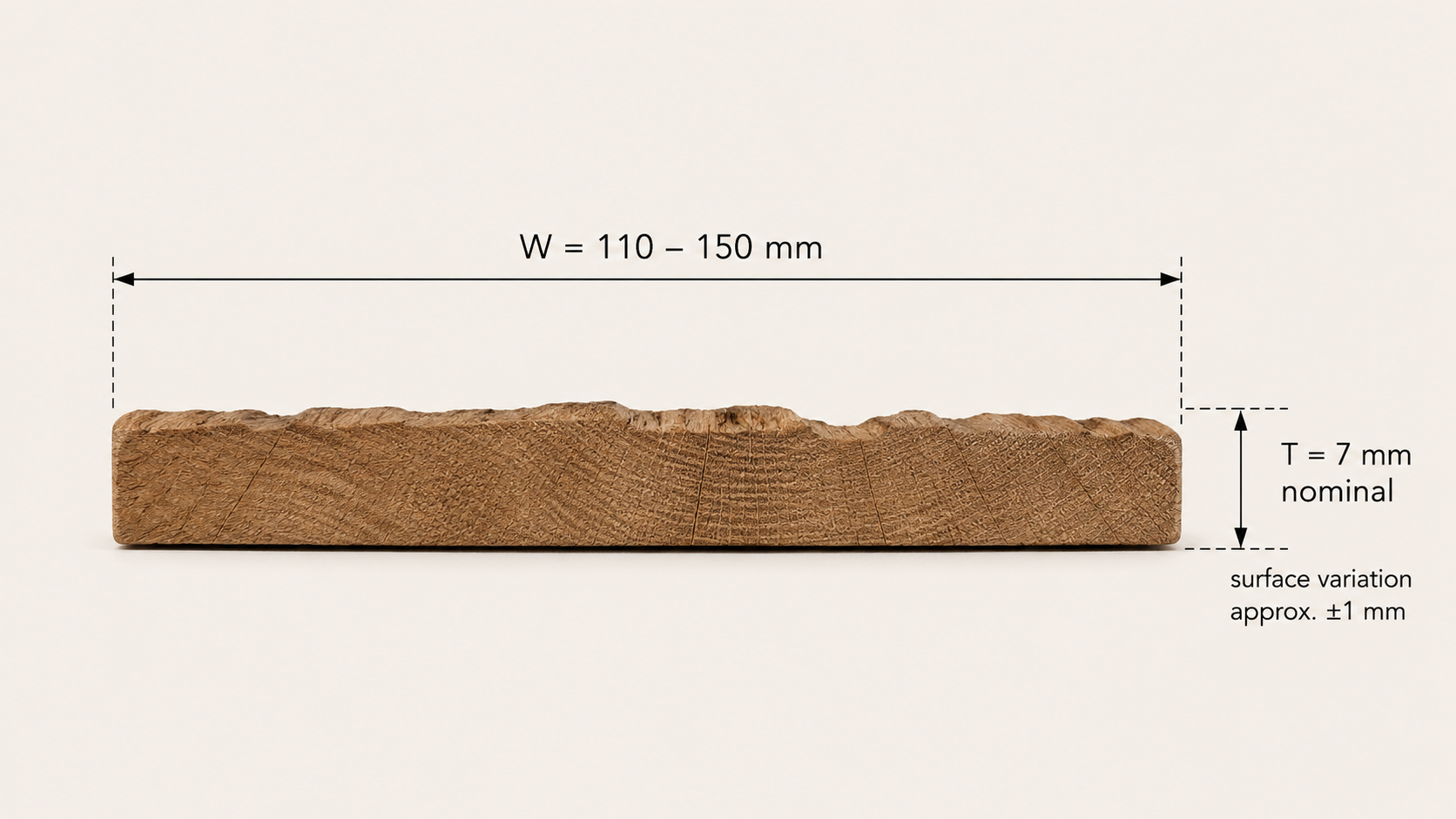 BOSCO Lamella solid wood profile showing 110–150 mm width, nominal 7 mm thickness and natural rustic surface variation