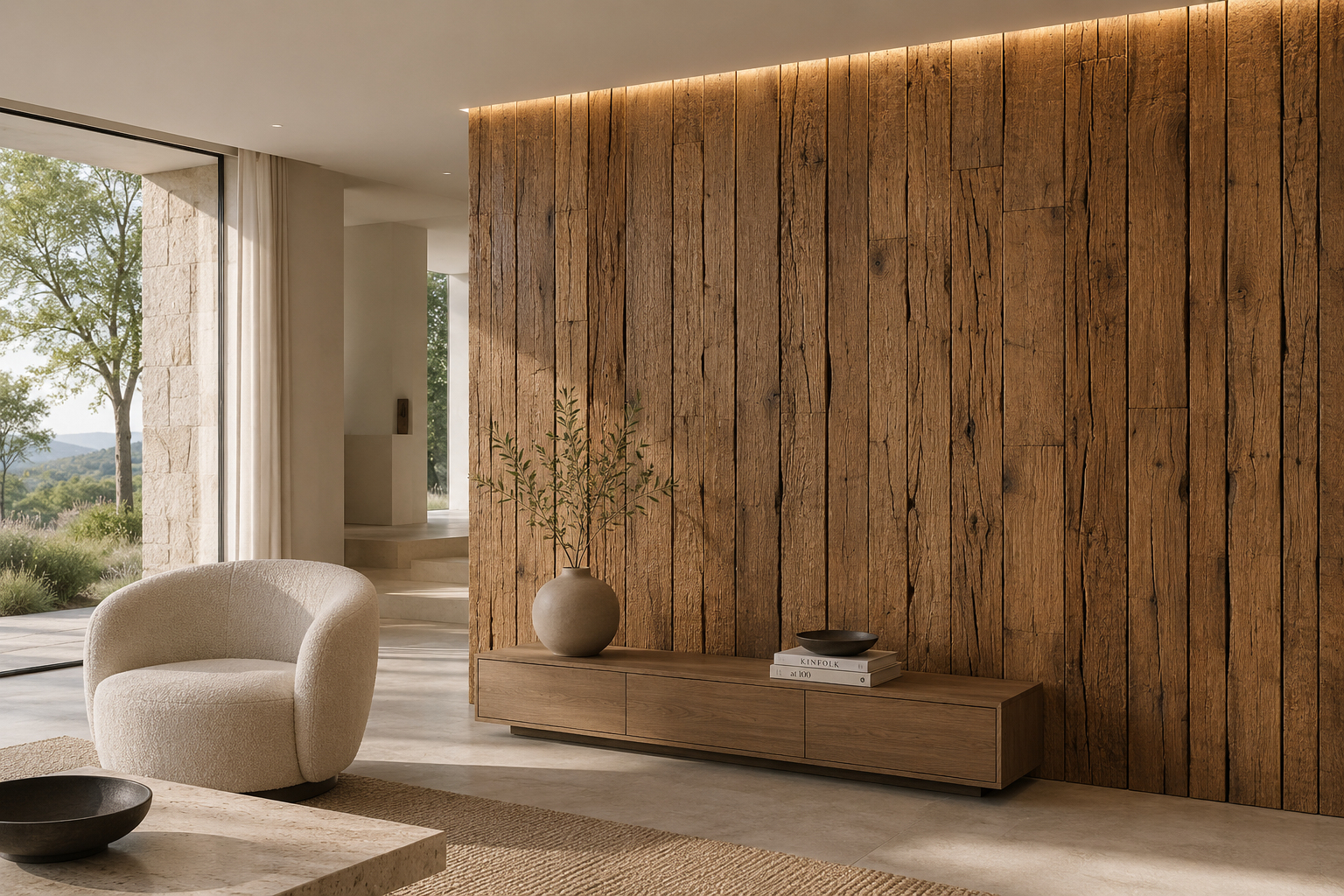 BOSCO Lamella solid wood wall cladding in a contemporary interior